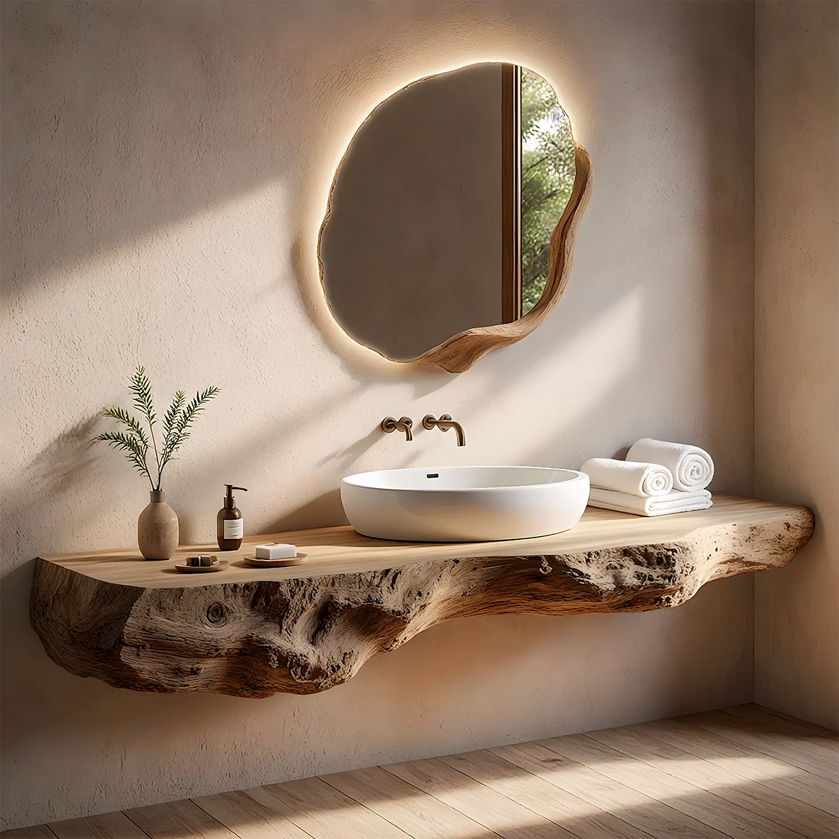 Live Edge Solid Wood Floating Vanity with Organic Mirror - Rustira