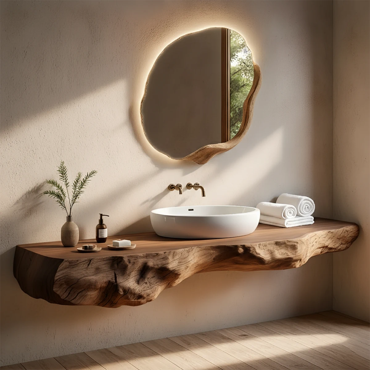 Live Edge Solid Wood Floating Vanity with Organic Mirror - Rustira