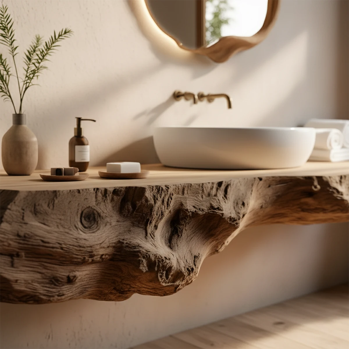 Live Edge Solid Wood Floating Vanity with Organic Mirror - Rustira