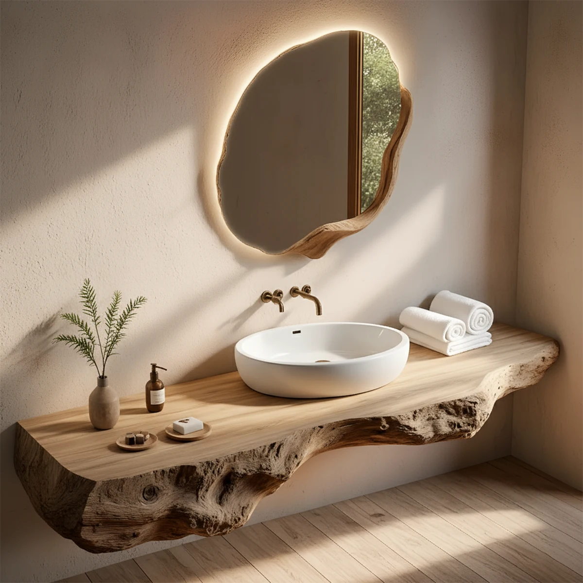 Live Edge Solid Wood Floating Vanity with Organic Mirror - Rustira