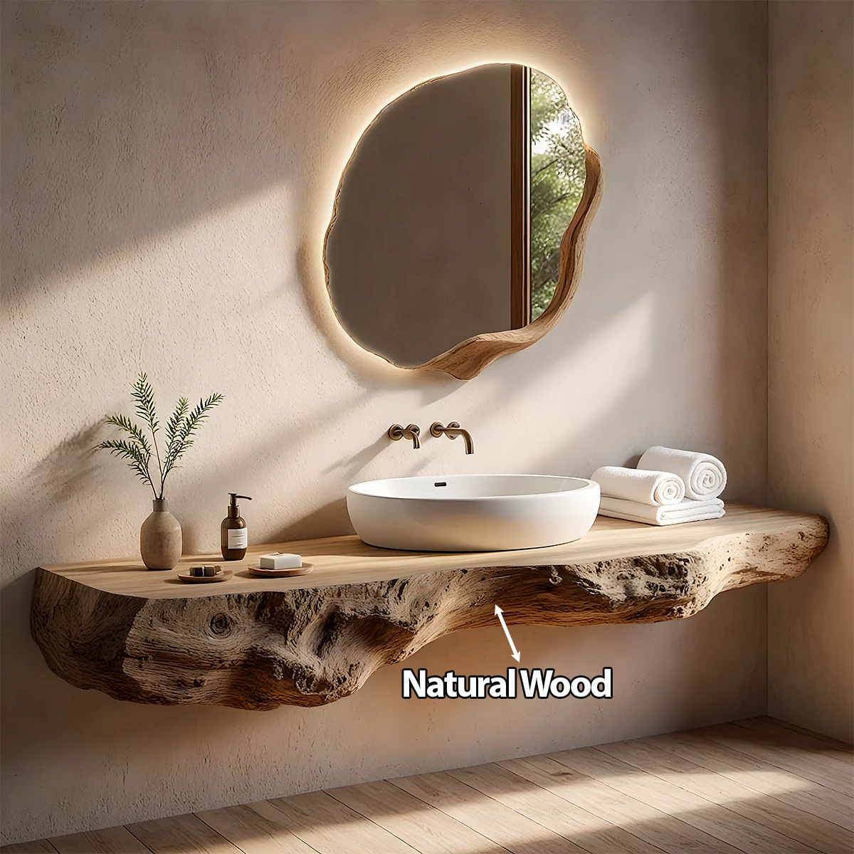 Live Edge Solid Wood Floating Vanity with Organic Mirror - Rustira