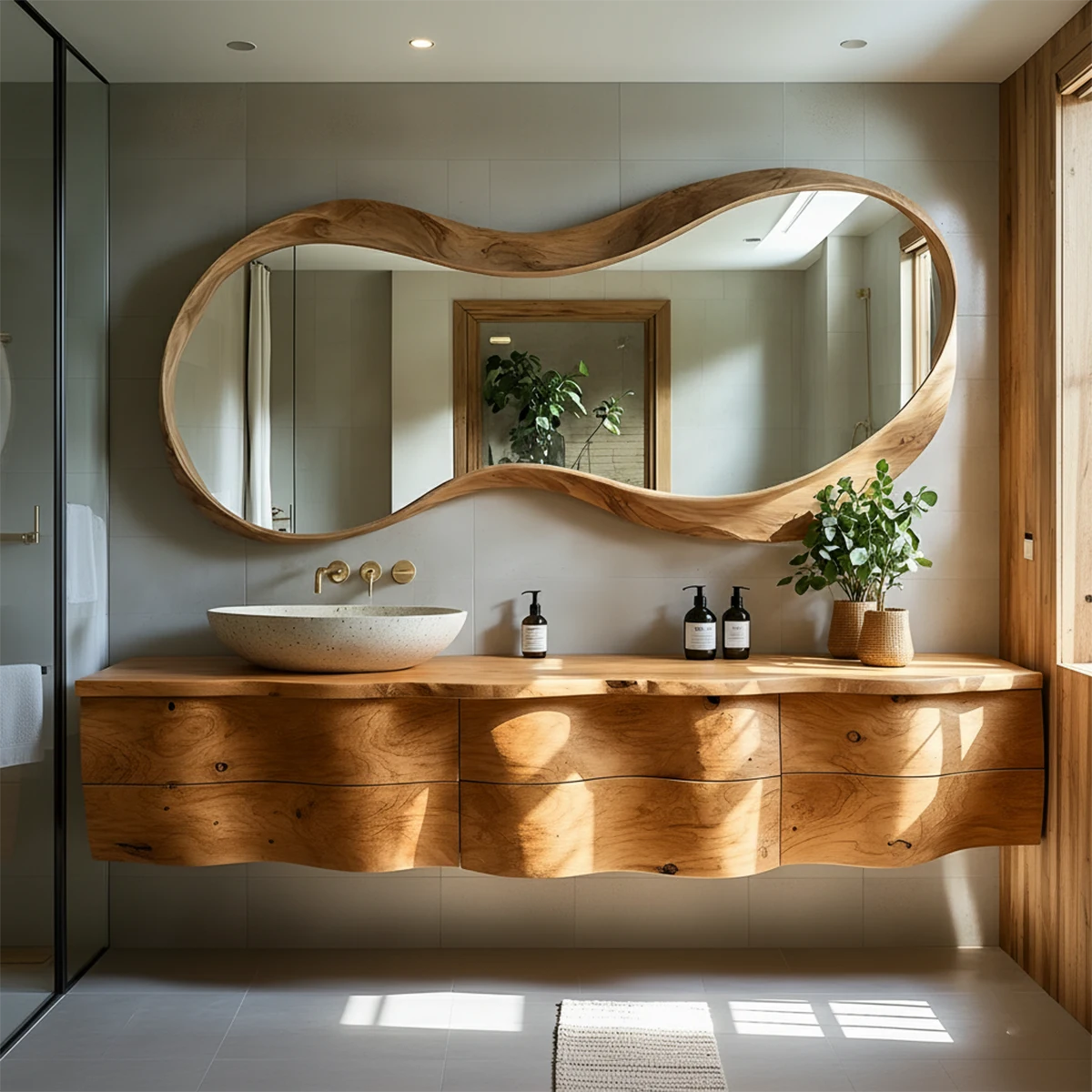 Live Edge Solid Wood Floating Vanity with Sculptural Mirror - Rustira