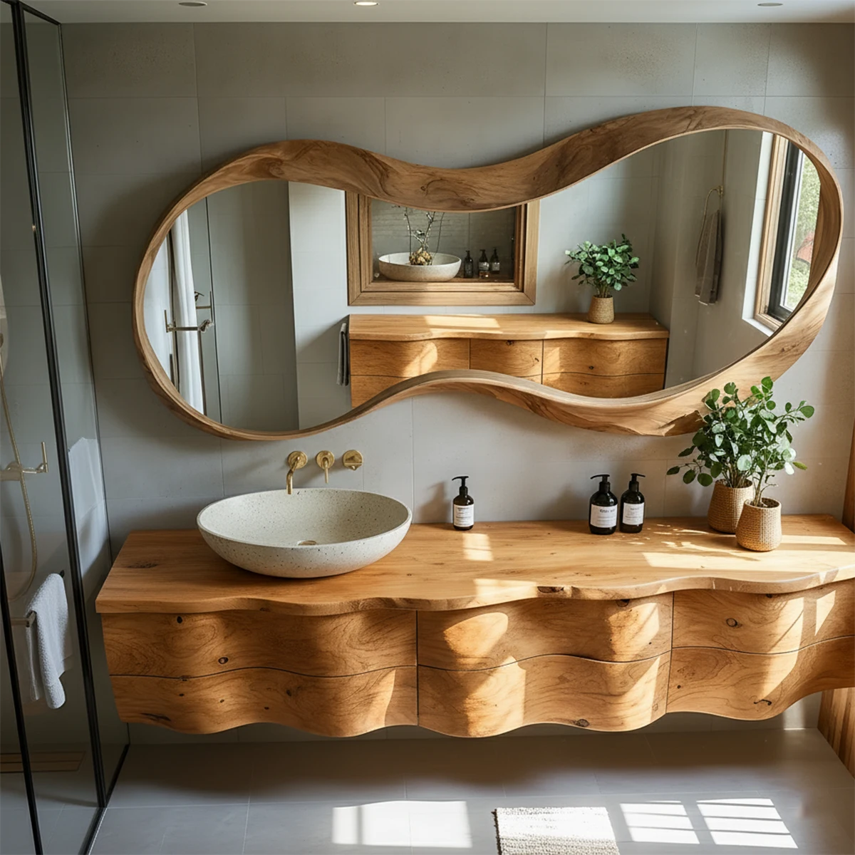 Live Edge Solid Wood Floating Vanity with Sculptural Mirror - Rustira