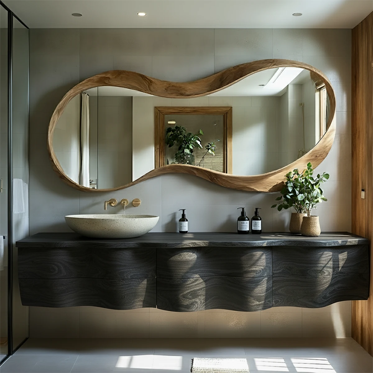 Live Edge Solid Wood Floating Vanity with Sculptural Mirror - Rustira