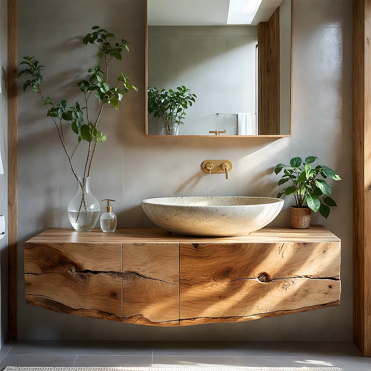 Live Edge Solid Wood Floating Vanity with Stone Basin - Rustira