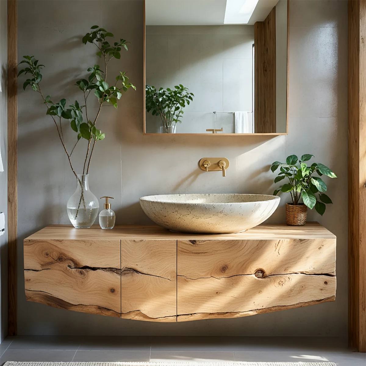 Live Edge Solid Wood Floating Vanity with Stone Basin - Rustira