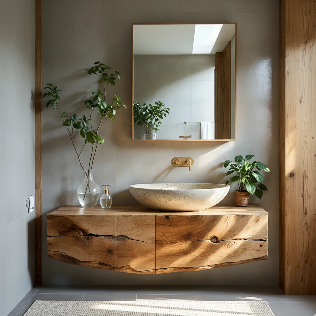 Live Edge Solid Wood Floating Vanity with Stone Basin - Rustira