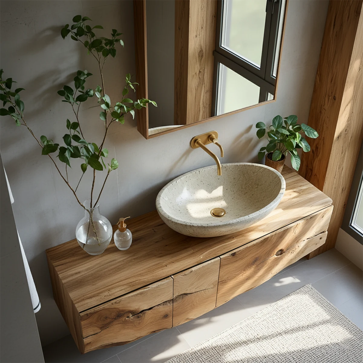 Live Edge Solid Wood Floating Vanity with Stone Basin - Rustira