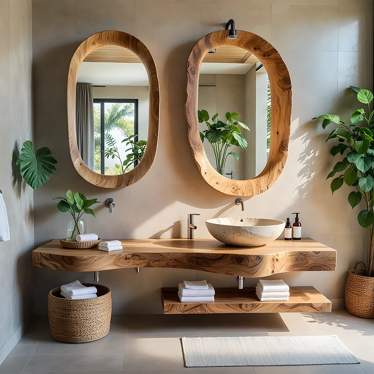 Live Edge Solid Wood Vanity with Dual Organic Mirrors - Rustira