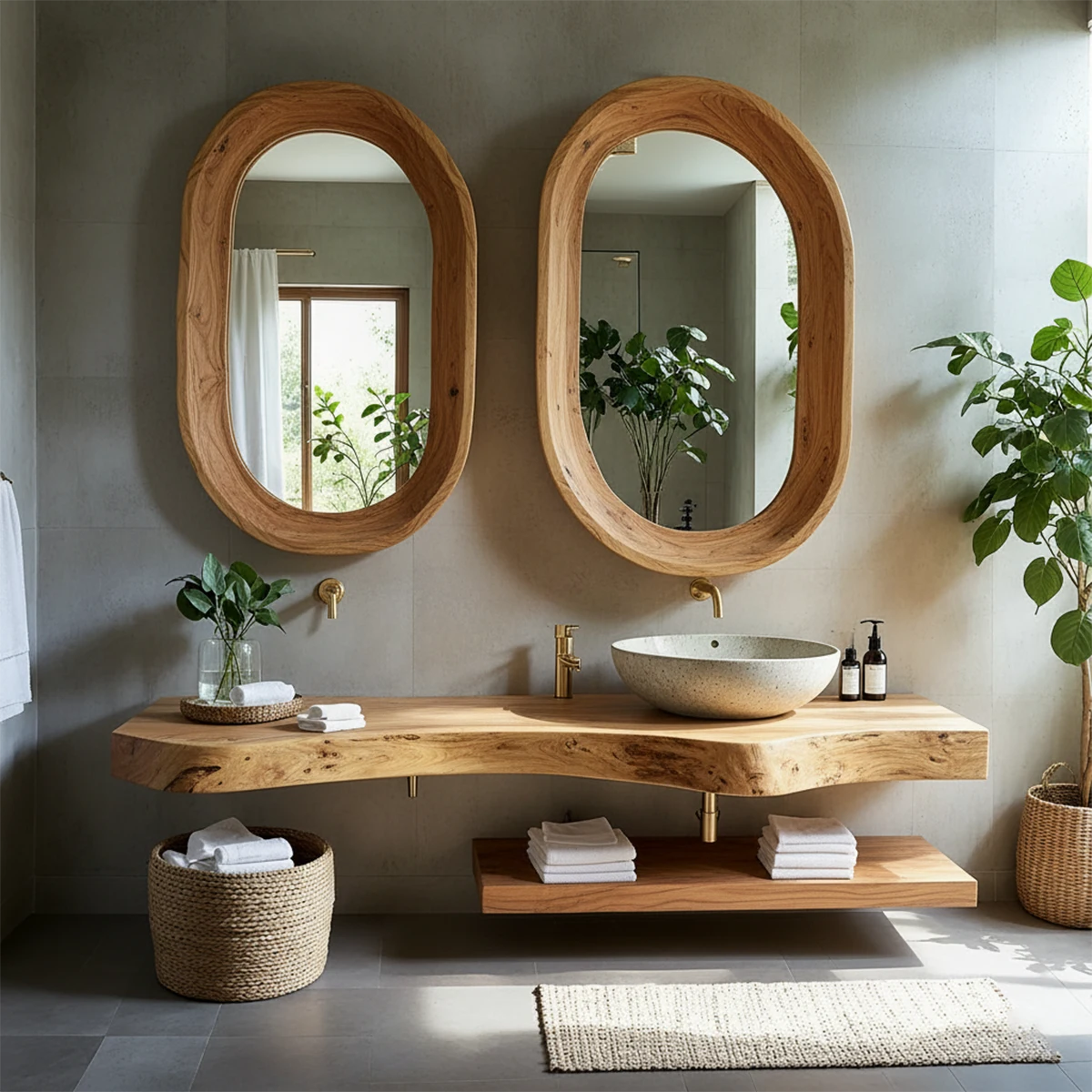 Live Edge Solid Wood Vanity with Dual Organic Mirrors - Rustira