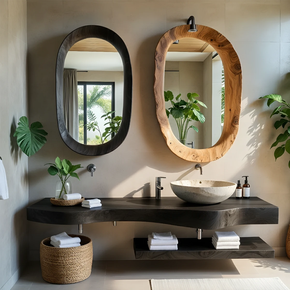 Live Edge Solid Wood Vanity with Dual Organic Mirrors - Rustira