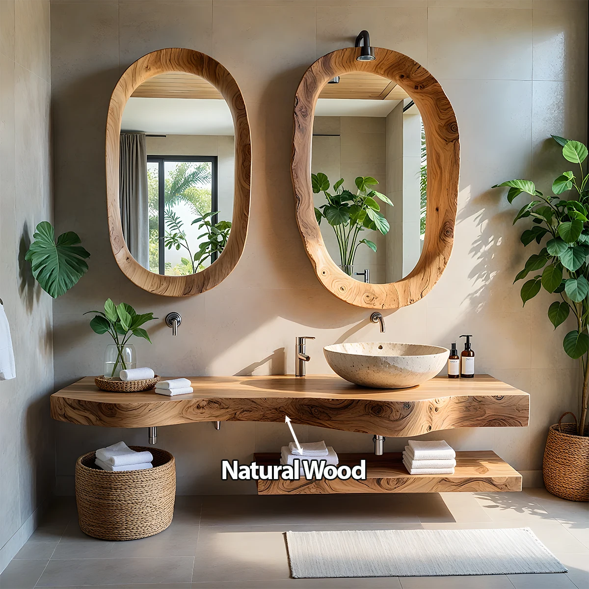 Live Edge Solid Wood Vanity with Dual Organic Mirrors - Rustira