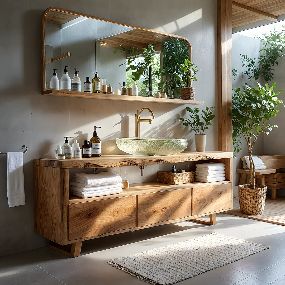 Live Edge Solid Wood Vanity with Storage – Japandi Spa Bathroom Console - Rustira