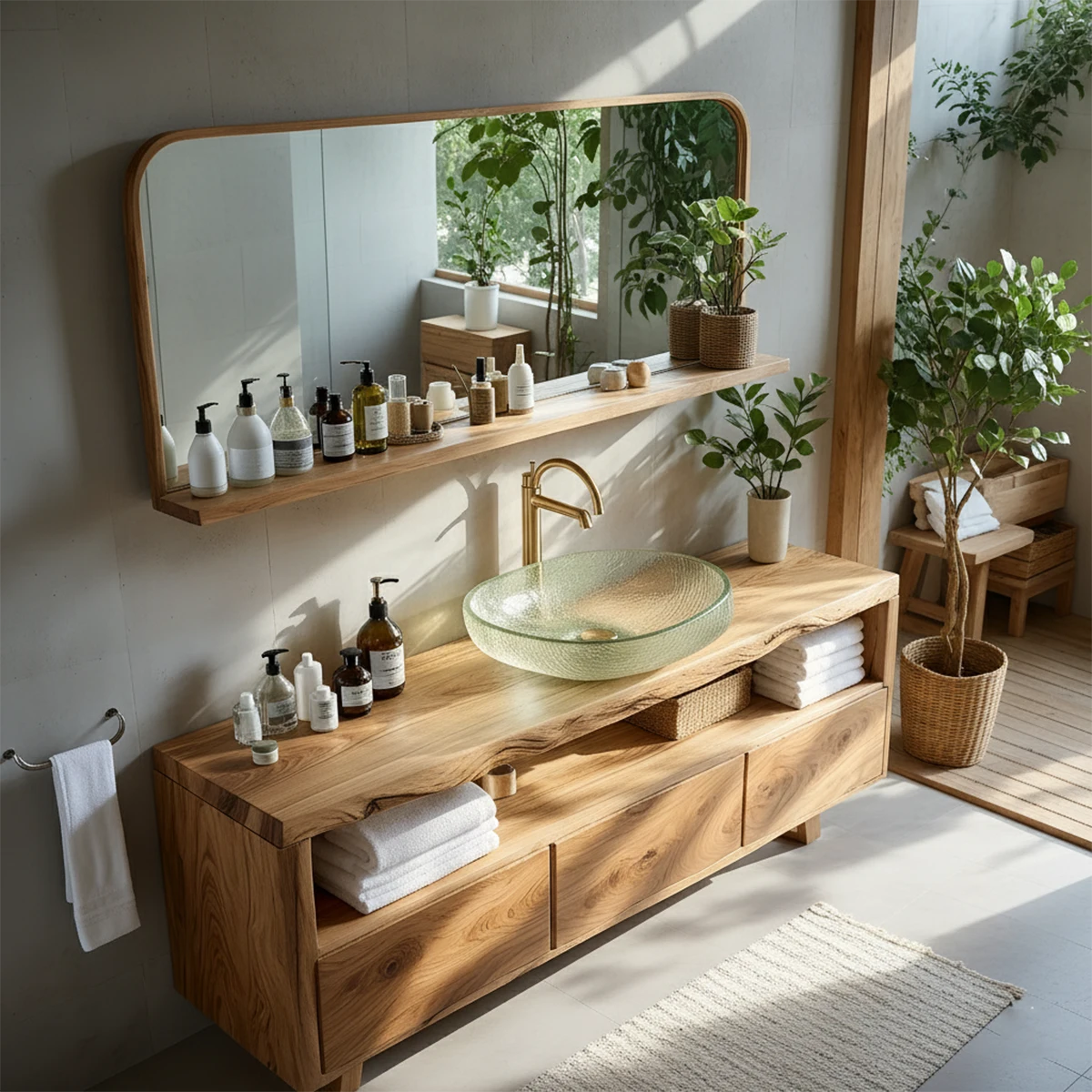 Live Edge Solid Wood Vanity with Storage – Japandi Spa Bathroom Console - Rustira
