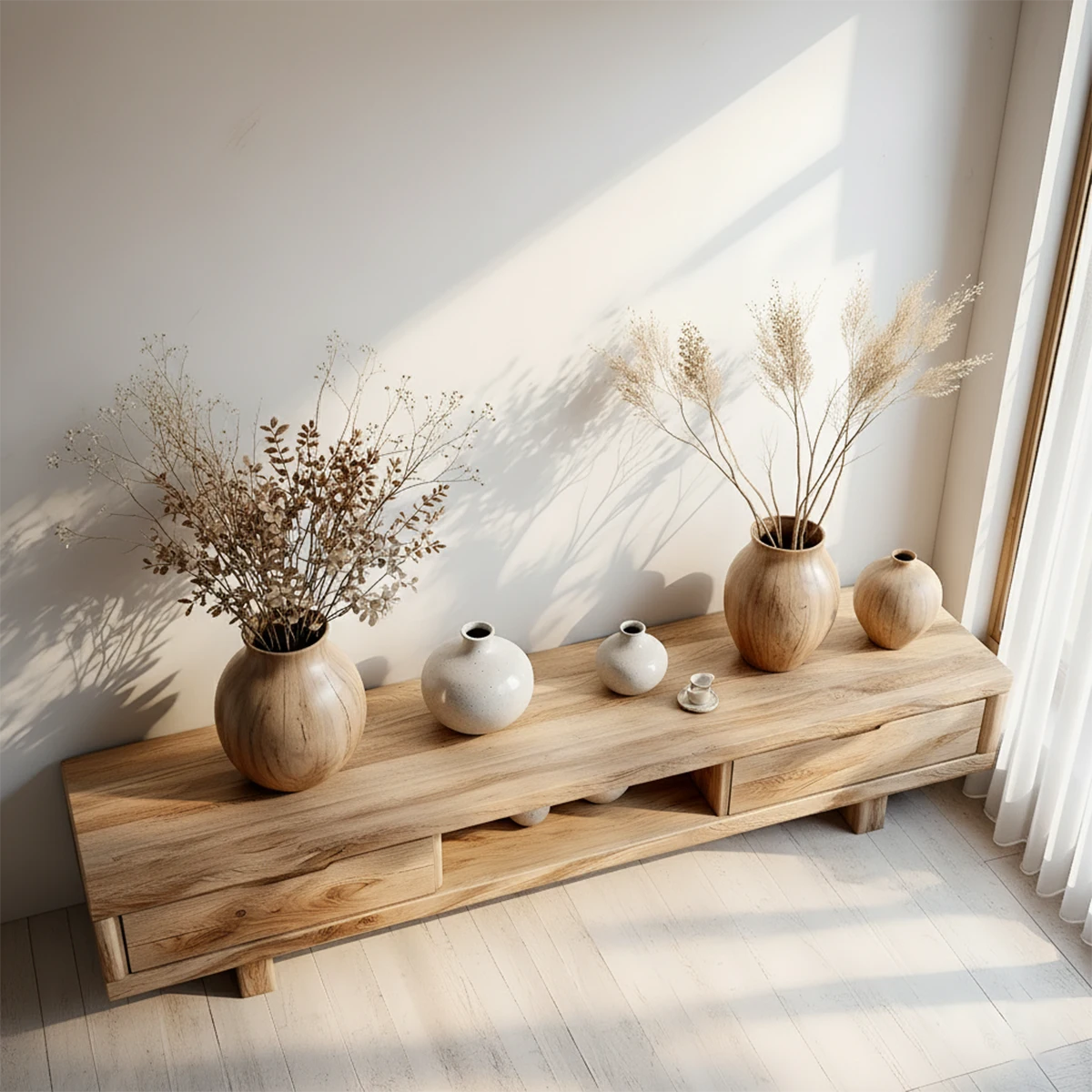 Low Solid Wood Japandi TV Stand – Minimal Zen Media Console - Rustira