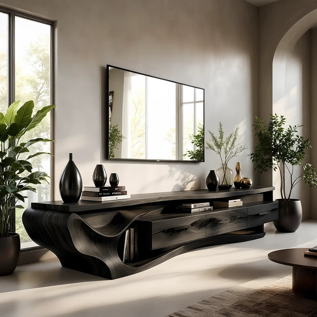 Luxury Wave-Carved Solid Wood TV Stand - Organic Modern Media Console - Rustira