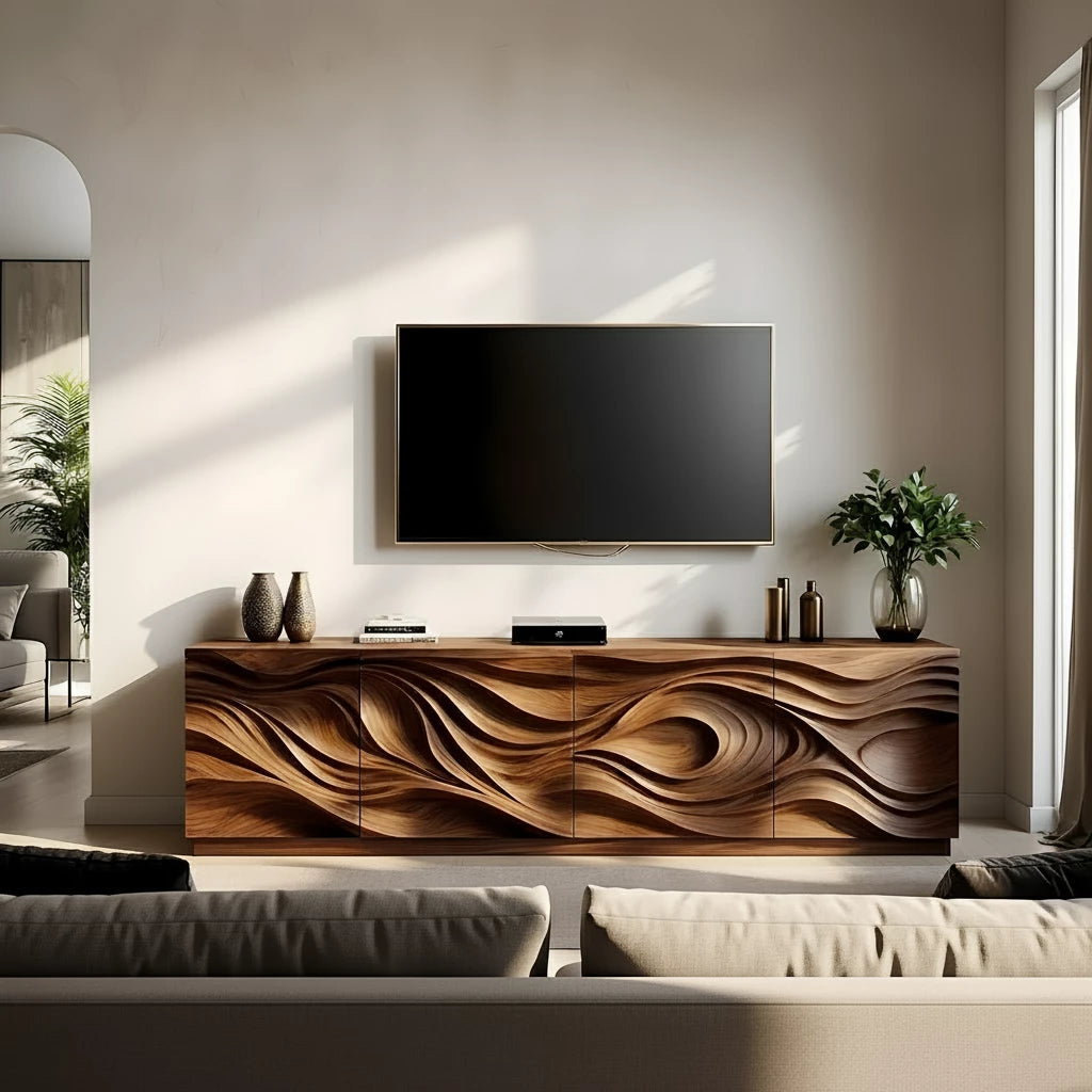 Luxury Wave Carved Solid Wood TV Stand - Sculptural Media Console - Rustira