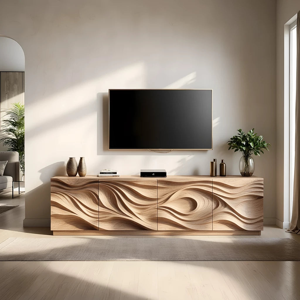 Luxury Wave Carved Solid Wood TV Stand - Sculptural Media Console - Rustira