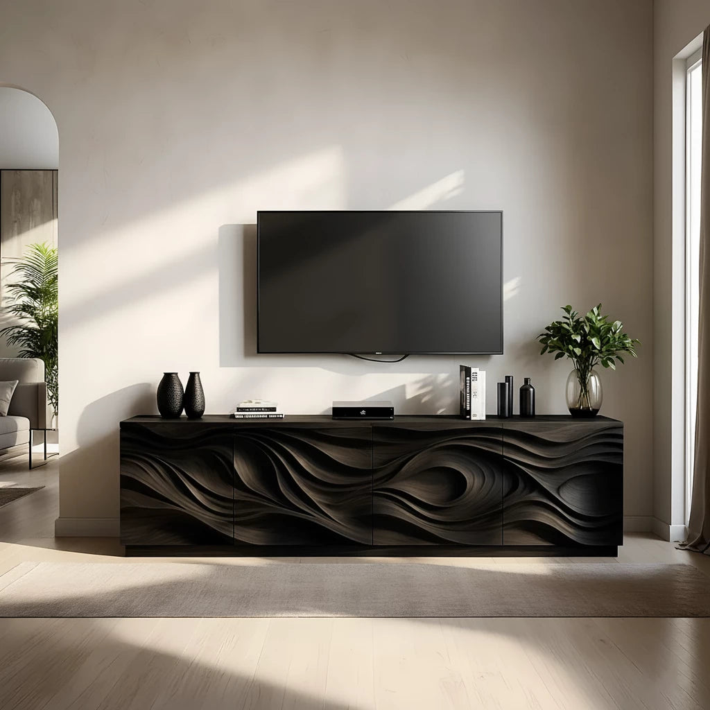 Luxury Wave Carved Solid Wood TV Stand - Sculptural Media Console - Rustira