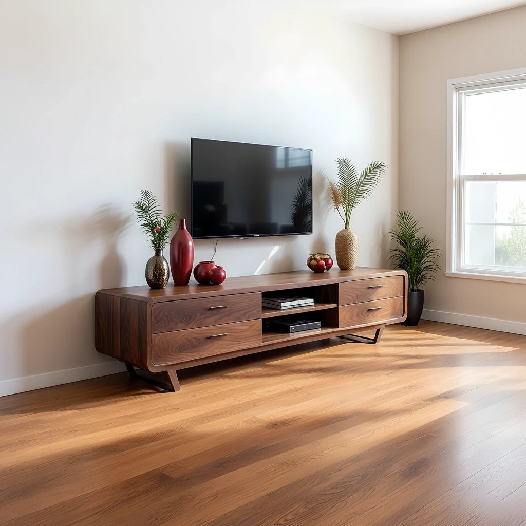Mid-Century Modern Solid Walnut TV Stand with Rounded Corners - Rustira