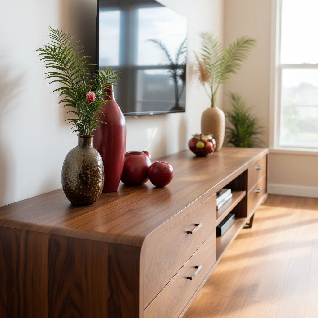 Mid-Century Modern Solid Walnut TV Stand with Rounded Corners - Rustira