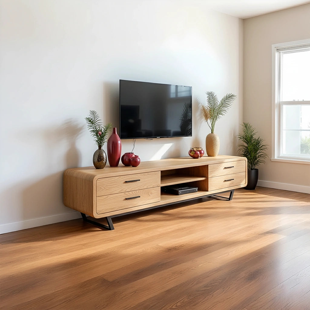 Mid-Century Modern Solid Walnut TV Stand with Rounded Corners - Rustira