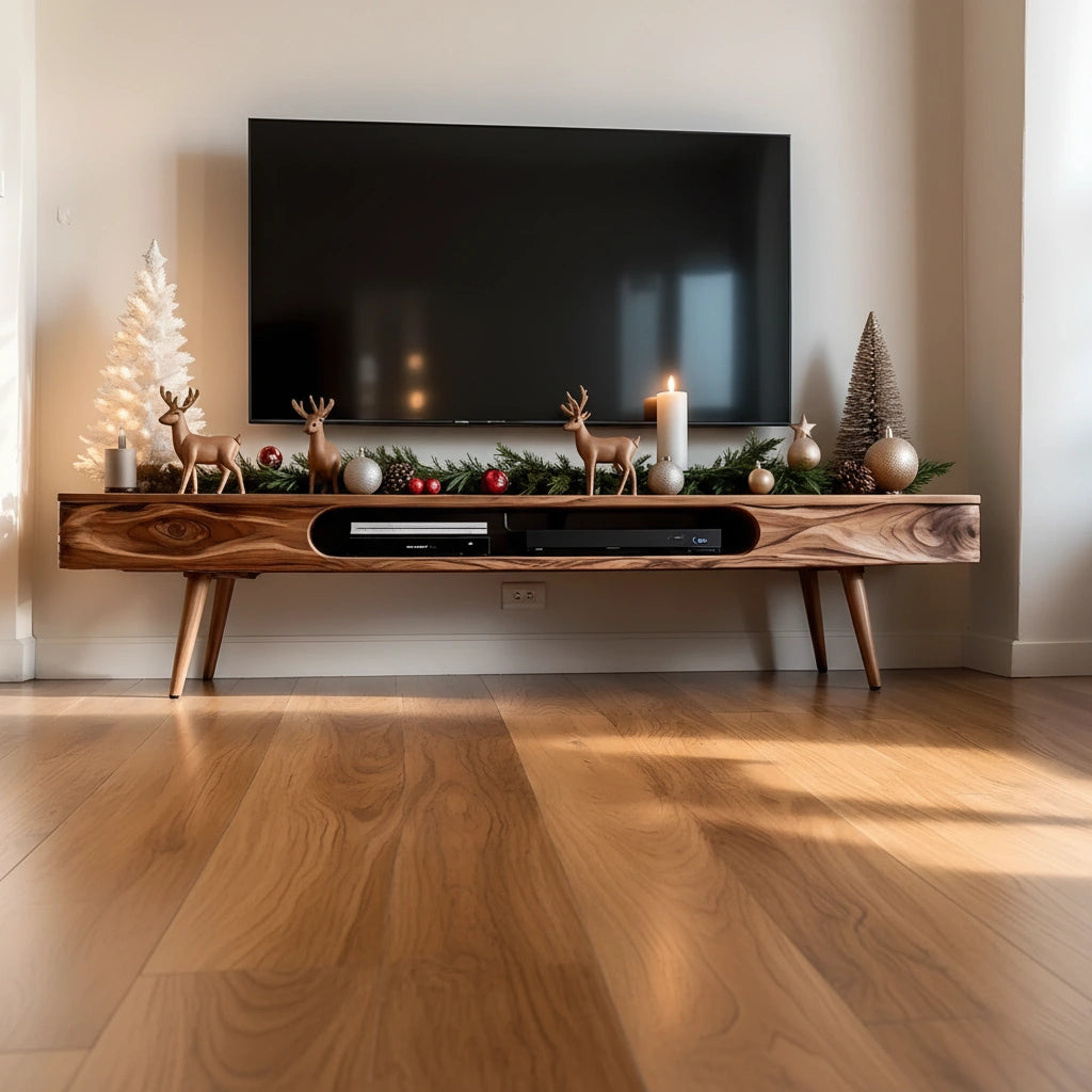 Mid-Century Solid Wood TV Stand with Rounded Corners & Storage Slot - Rustira