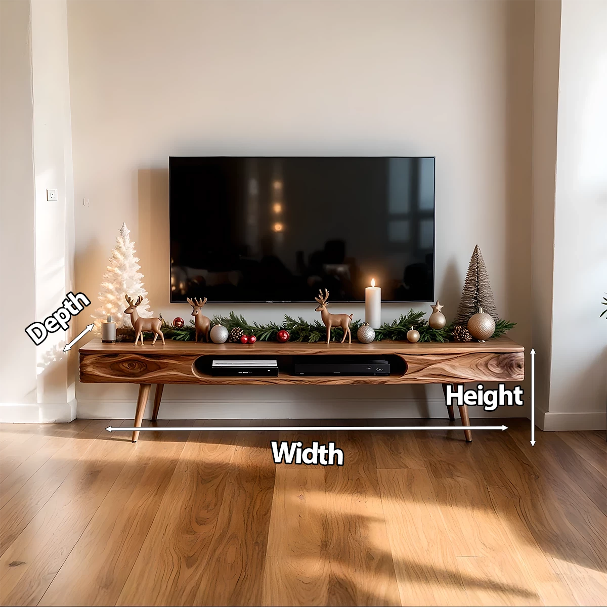 Mid-Century Solid Wood TV Stand with Rounded Corners & Storage Slot - Rustira