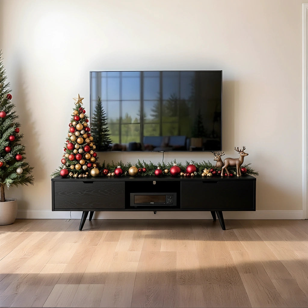 Mid-Century Solid Wood TV Stand with Tapered Legs & Storage Drawers - Rustira