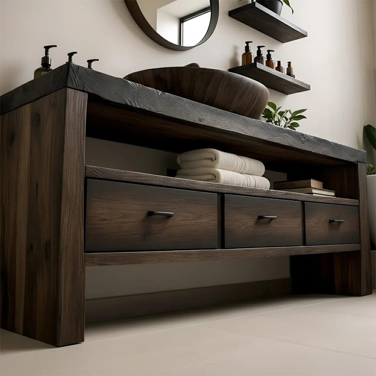 Midnight Oak Vanity – Modern Zen Solid Wood Bathroom - Rustira