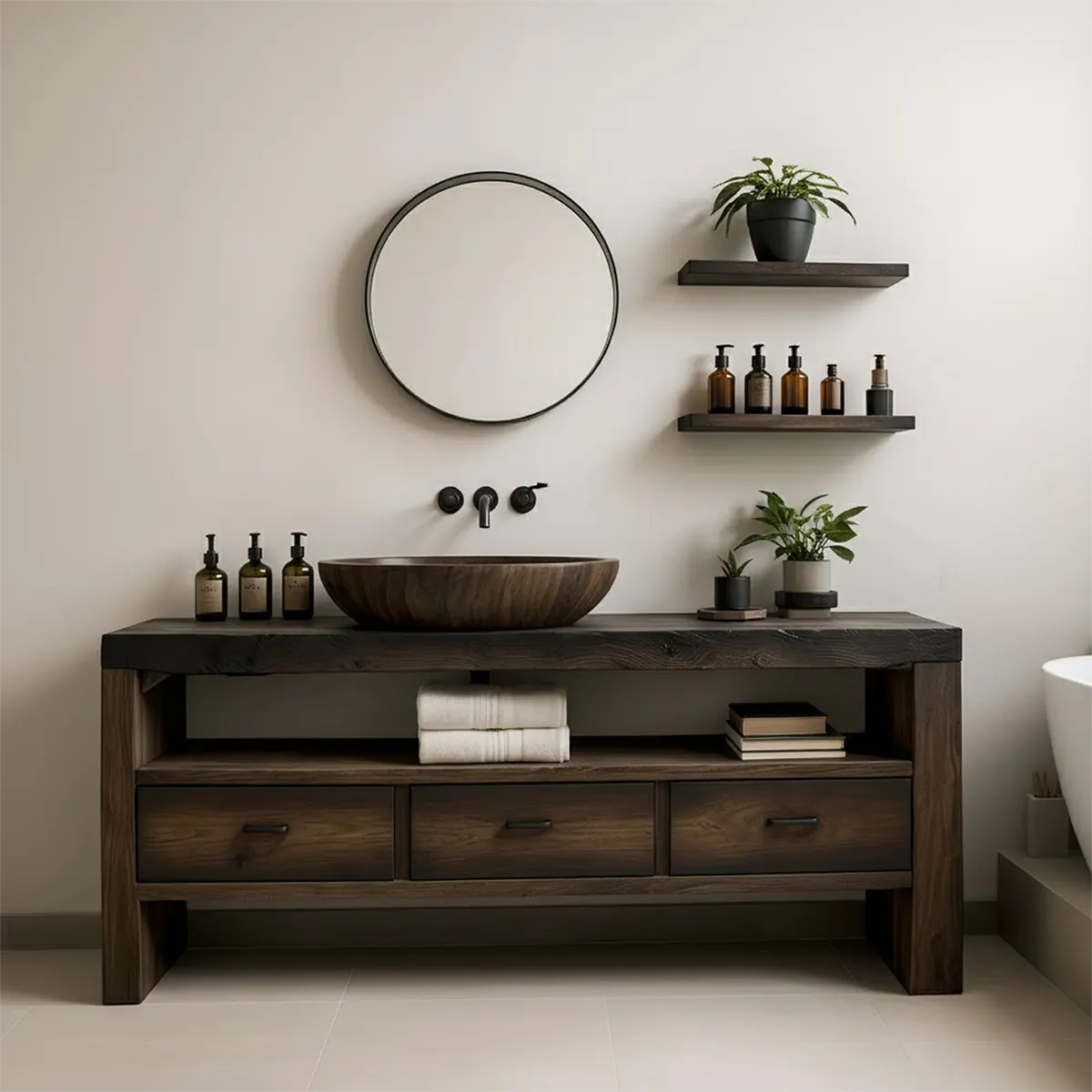 Midnight Oak Vanity – Modern Zen Solid Wood Bathroom - Rustira