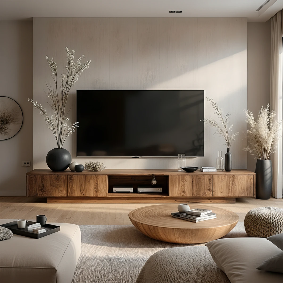 Minimalist Solid Wood Japandi TV Stand with Soft Grain & Open Shelf - Rustira