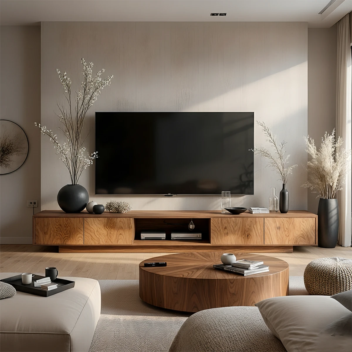 Minimalist Solid Wood Japandi TV Stand with Soft Grain & Open Shelf - Rustira