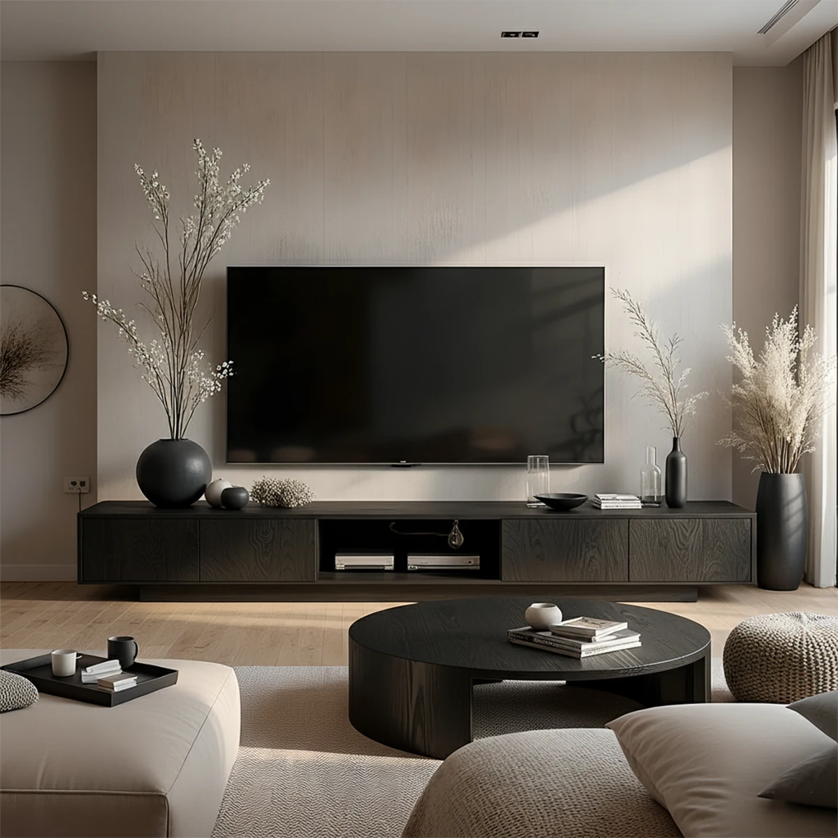 Minimalist Solid Wood Japandi TV Stand with Soft Grain & Open Shelf - Rustira