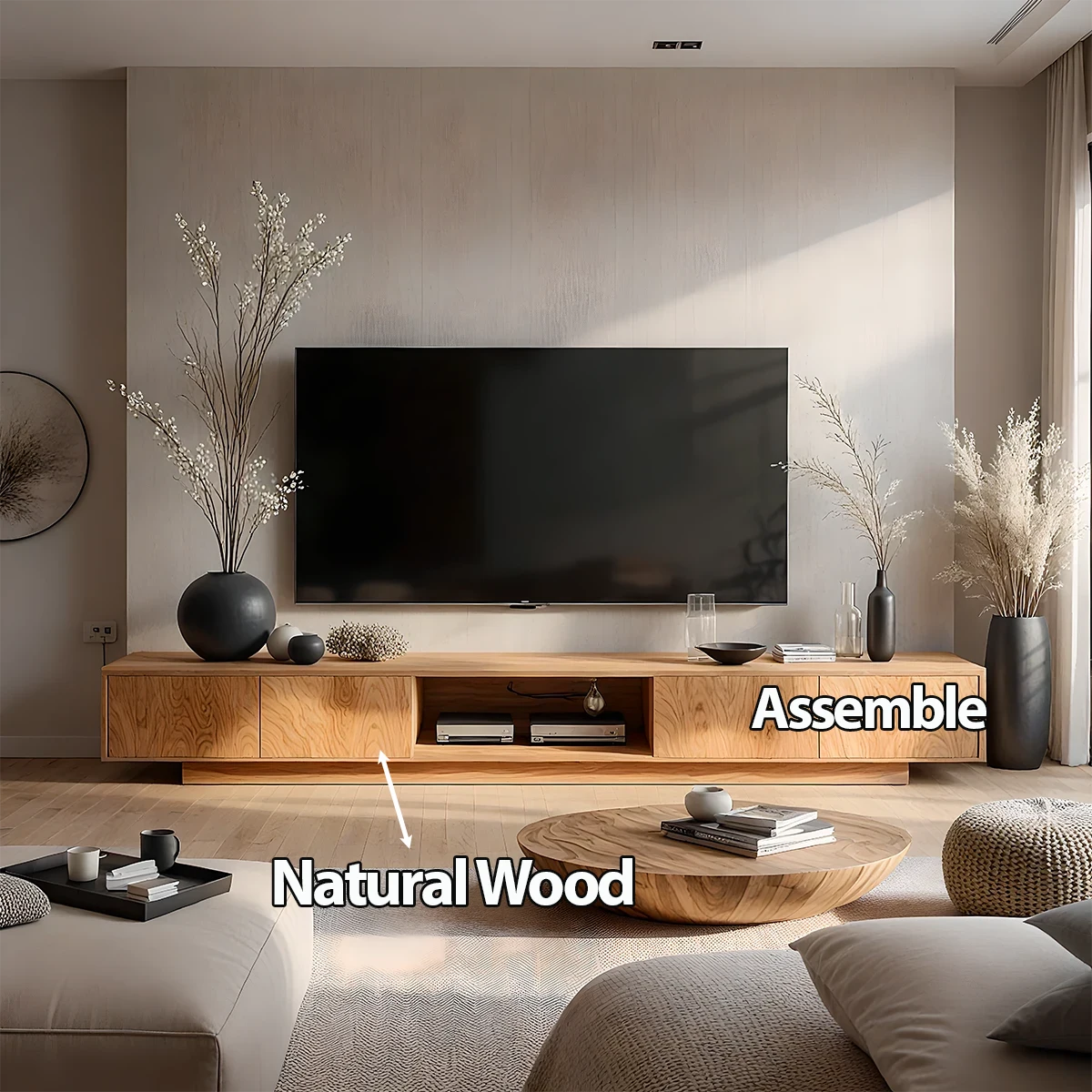 Minimalist Solid Wood Japandi TV Stand with Soft Grain & Open Shelf - Rustira