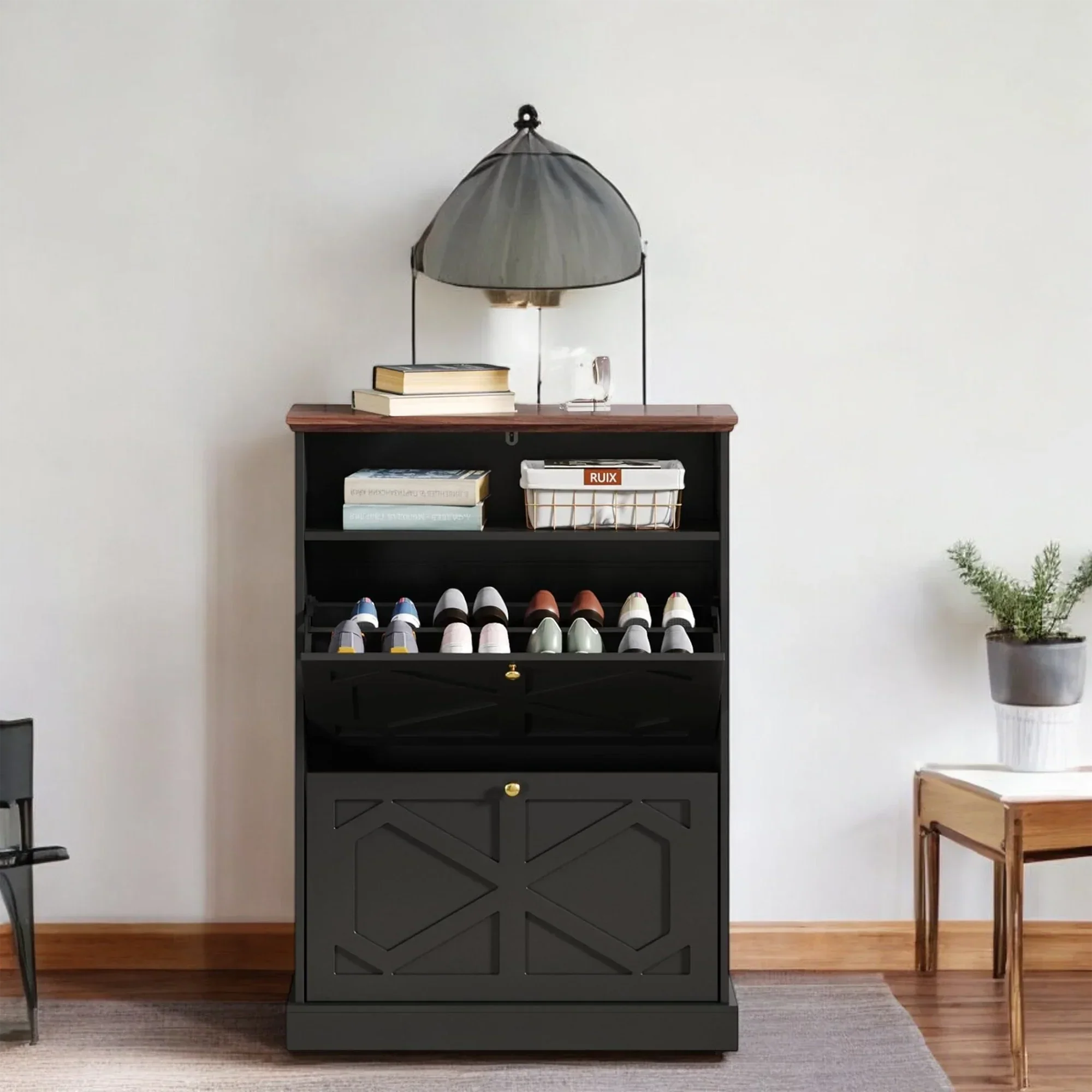 Modern Black 2-Tier Shoe Cabinet with X-Design & Top Shelf