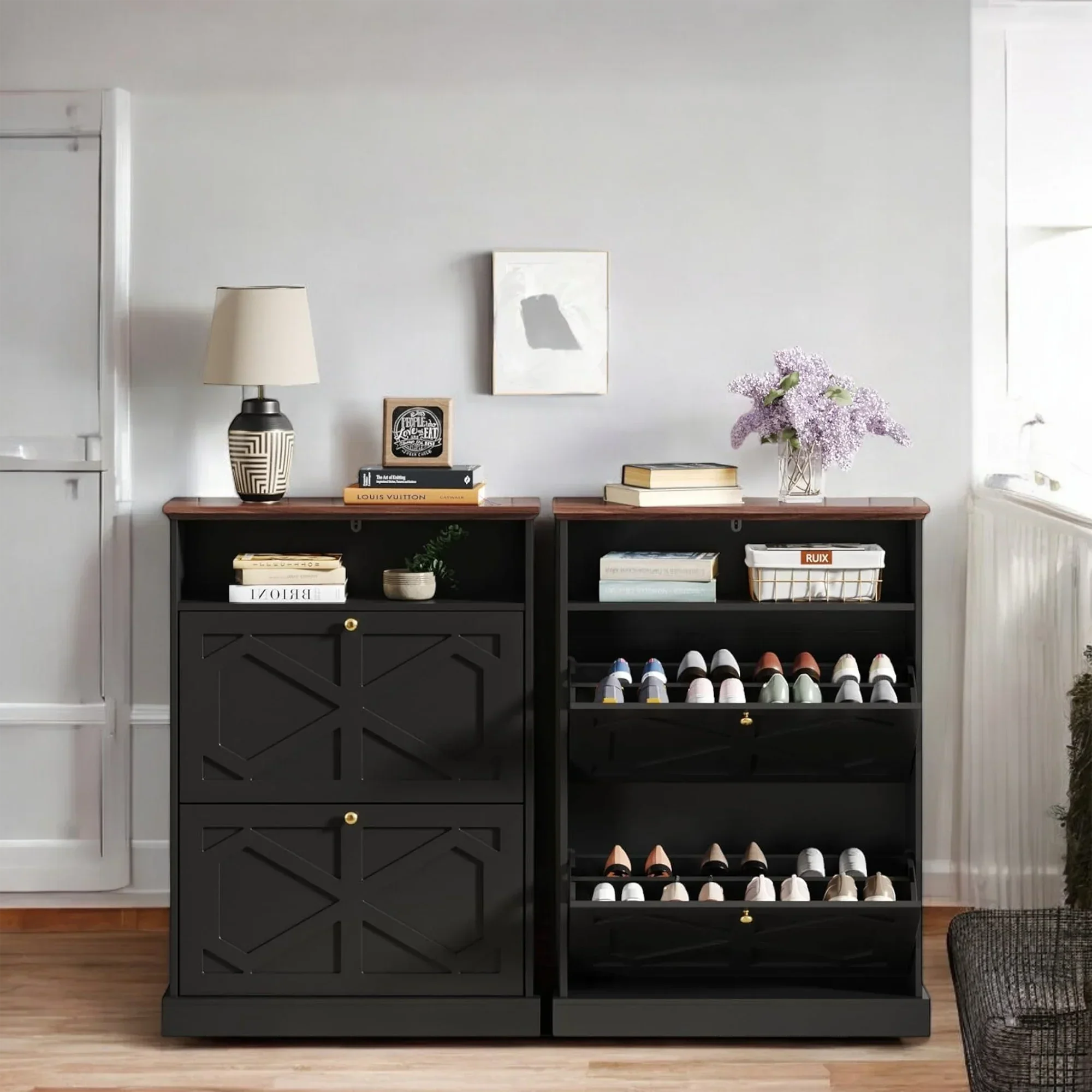 Modern Black 2-Tier Shoe Cabinet with X-Design & Top Shelf