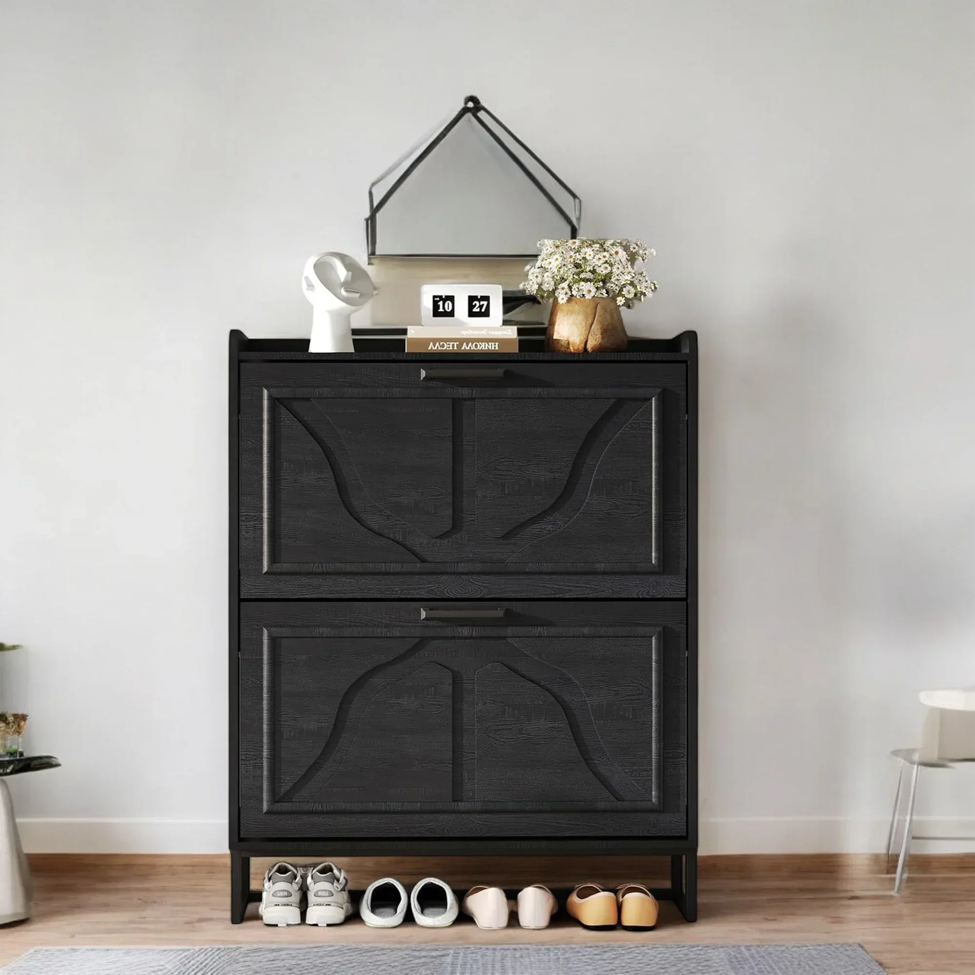 Modern Black Shoe Cabinet with 2 Flip Drawers & Open Shelf