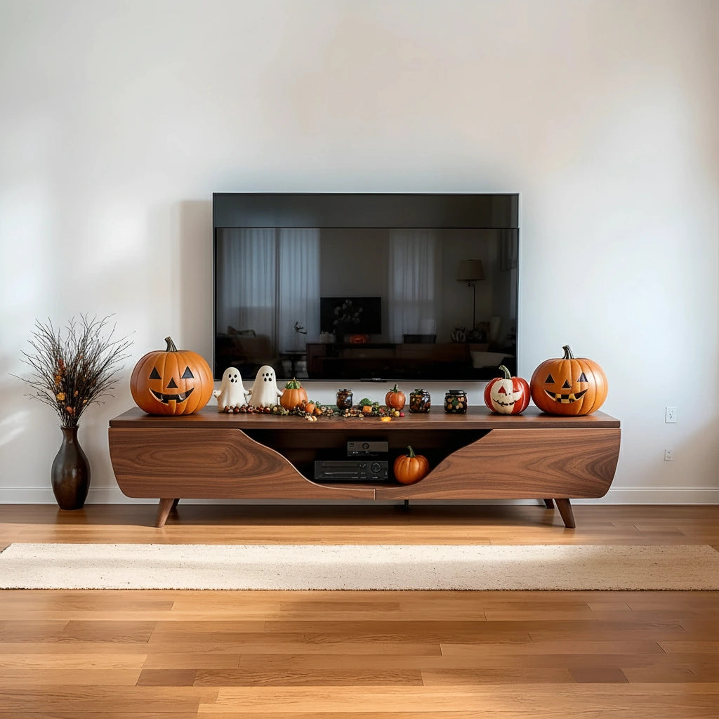 Modern Carved Walnut TV Console With Organic Flowing Doors - Rustira