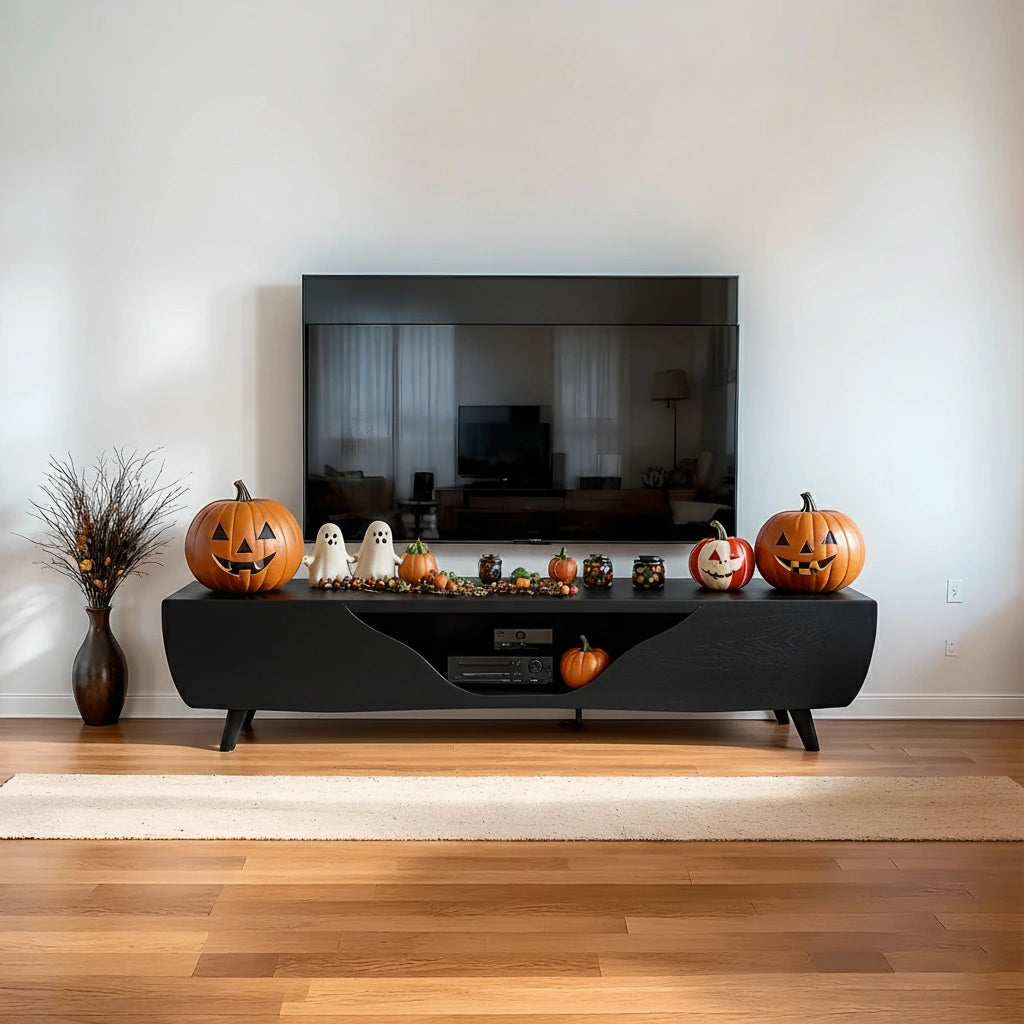 Modern Carved Walnut TV Console With Organic Flowing Doors - Rustira