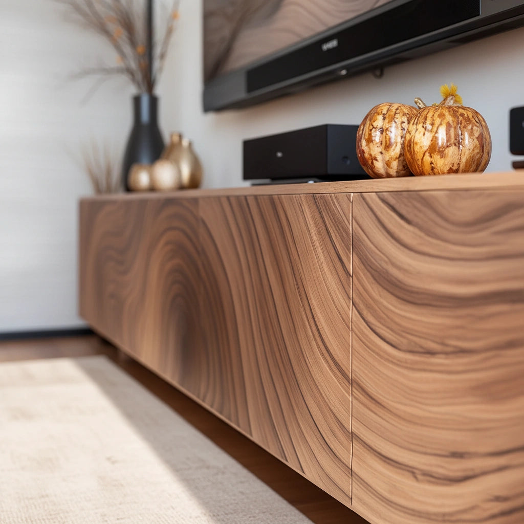 Modern Carved Wave Solid Wood TV Console – Luxury Organic Media Cabinet - Rustira