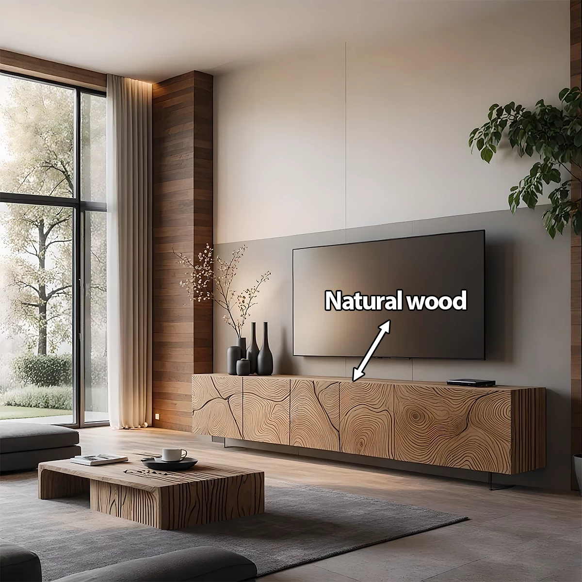 Modern Hand-Carved Solid Wood TV Console & Coffee Table Set – Organic Line Art - Rustira