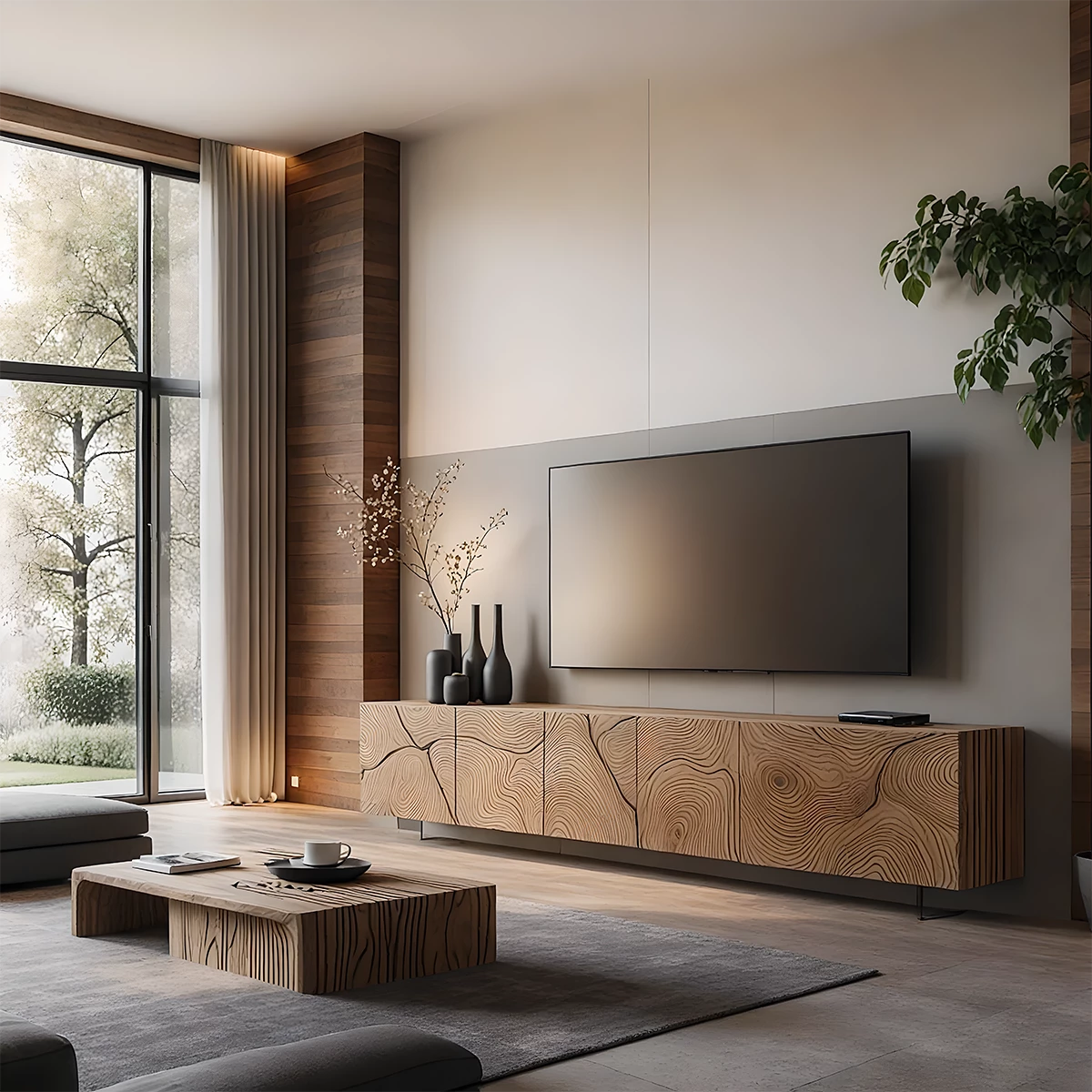 Modern Hand-Carved Solid Wood TV Console & Coffee Table Set – Organic Line Art - Rustira