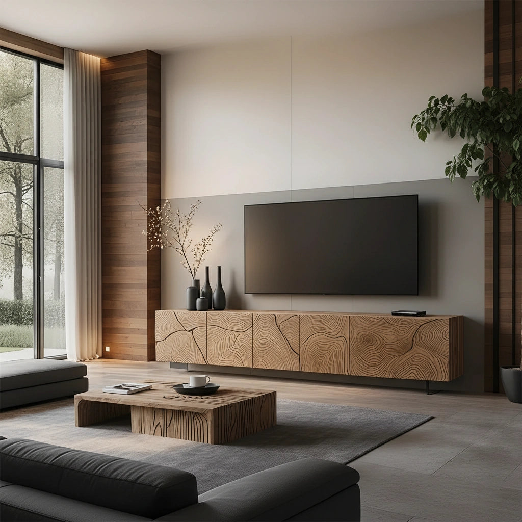 Modern Hand-Carved Solid Wood TV Console & Coffee Table Set – Organic Line Art - Rustira