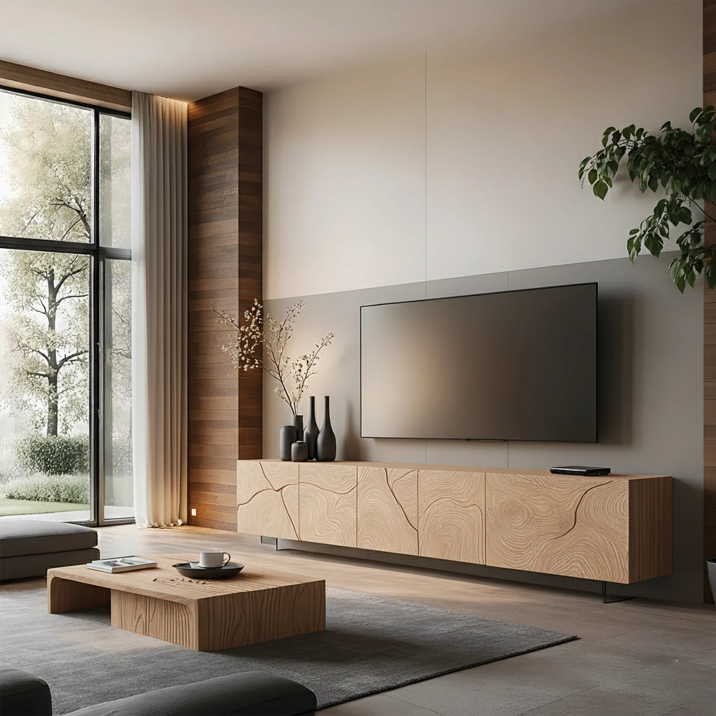 Modern Hand-Carved Solid Wood TV Console & Coffee Table Set – Organic Line Art - Rustira