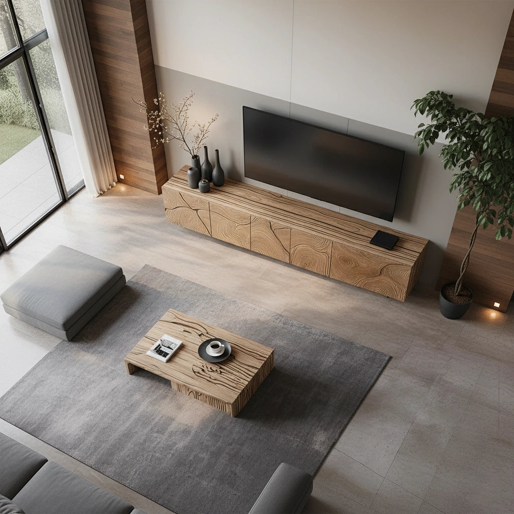 Modern Hand-Carved Solid Wood TV Console & Coffee Table Set – Organic Line Art - Rustira