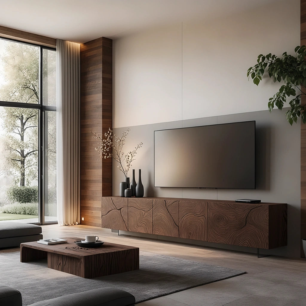 Modern Hand-Carved Solid Wood TV Console & Coffee Table Set – Organic Line Art - Rustira