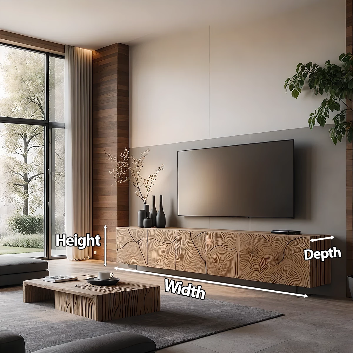 Modern Hand-Carved Solid Wood TV Console & Coffee Table Set – Organic Line Art - Rustira