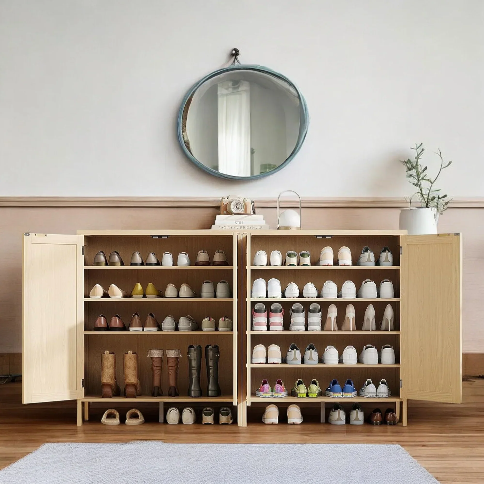 Modern Natural Rattan Shoe Cabinet with Adjustable Shelves