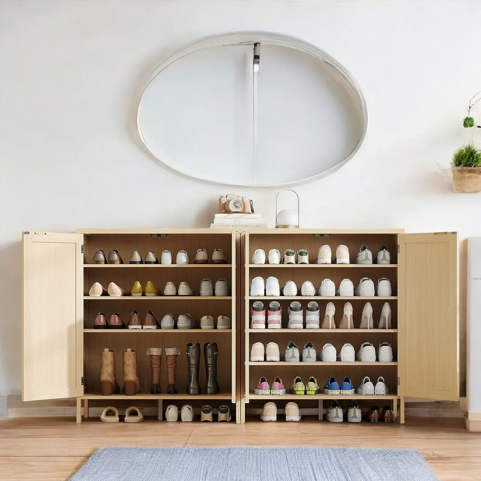 Modern Natural Rattan Shoe Cabinet with Adjustable Shelves